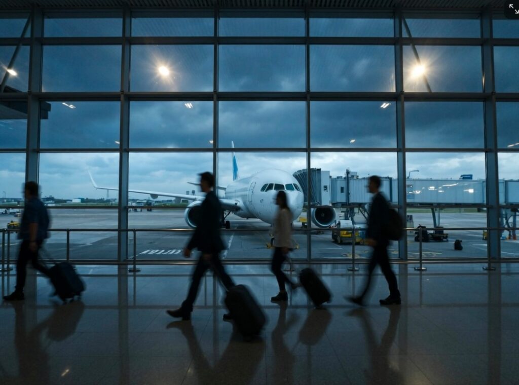 People with rolling suitcases walk through an airport terminal, with a large jet visible outside the glass wall behind them.