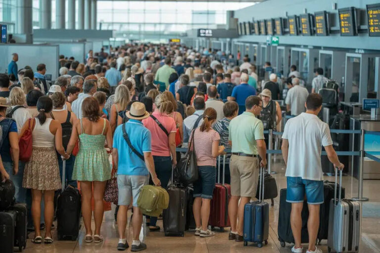 Crowd of travelers standing in a long check-in line at an airport terminal with luggage.