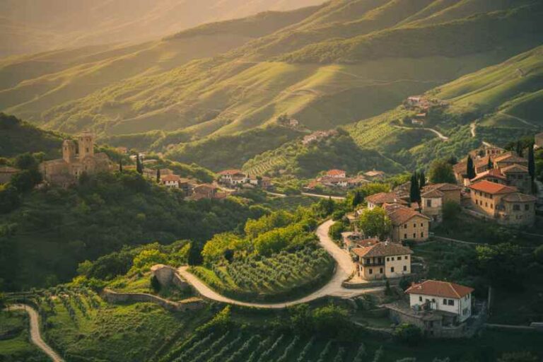 Scenic hillside village with winding road, terraced vineyards, and olive trees bathed in warm sunset light in a rural valley.