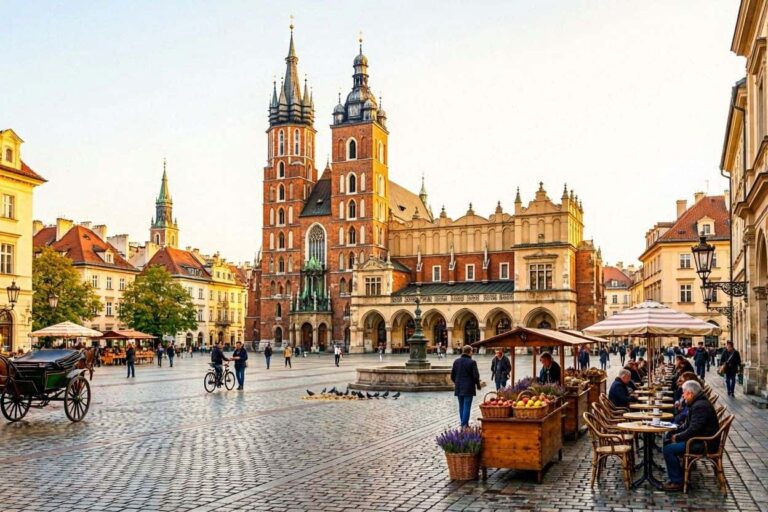 Historic city square with Gothic church towers and arched town hall, outdoor cafe seating, and a central fountain (Kraków-Poland)