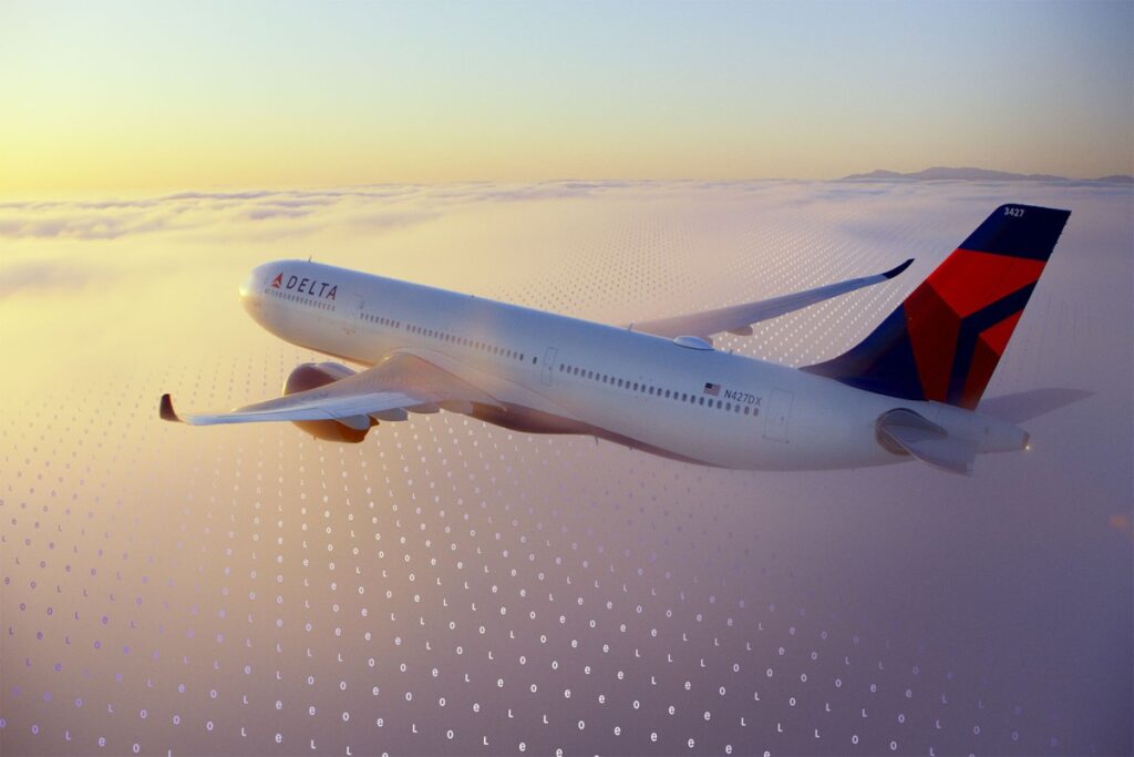 Delta Air Lines jet in mid-flight above the clouds at sunrise, with a cascading field of binary-like dots in the sky behind it.