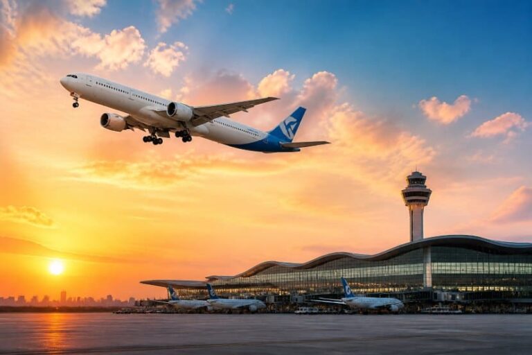 Commercial airliner taking off above an airport at sunset, with a curved glass terminal and control tower.