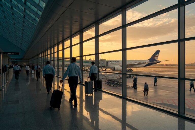 Airport terminal at sunset with travelers pulling wheeled luggage toward the gates and a plane on the tarmac outside the glass windows.