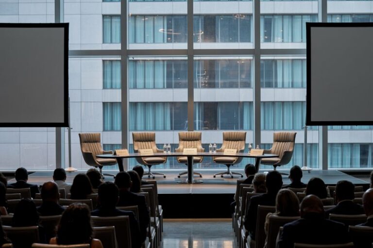 Panel discussion setup in a bright conference room with a row of beige chairs at a long table on stage and two large screens flanking the area.