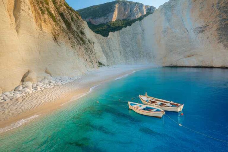 Two small white boats anchored in clear turquoise water beside a sandy beach framed by towering limestone cliffs.