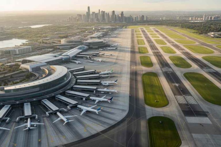 Aerial view of a large airport terminal with numerous planes docked at gates and a long runway to the right, city skyline in distance.