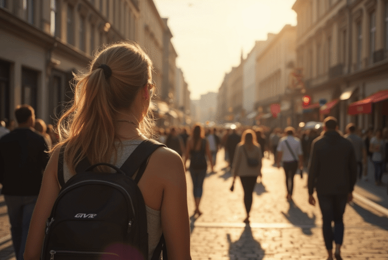 Back of a young woman with a black backpack walking down a sunlit, crowded city street.