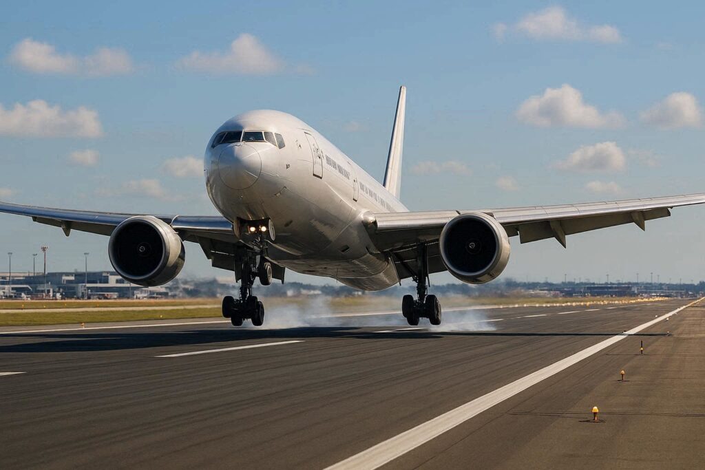 Front view of a large commercial airliner landing on a runway, wheels just touching down with a trace of tire smoke under the fuselage.