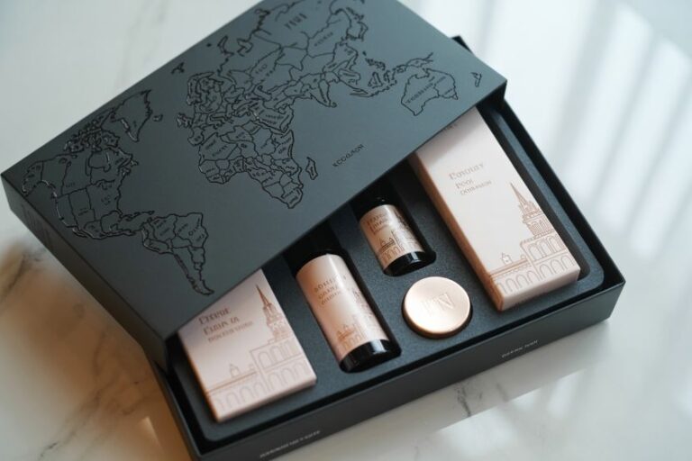 Luxury gift set in a black box with a world map embossing, opened to reveal two beige product boxes, two small bottles, and a round compact.