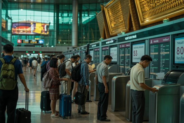 Travelers with luggage line up at airline counters in a busy airport check-in hall with digital flight boards above.