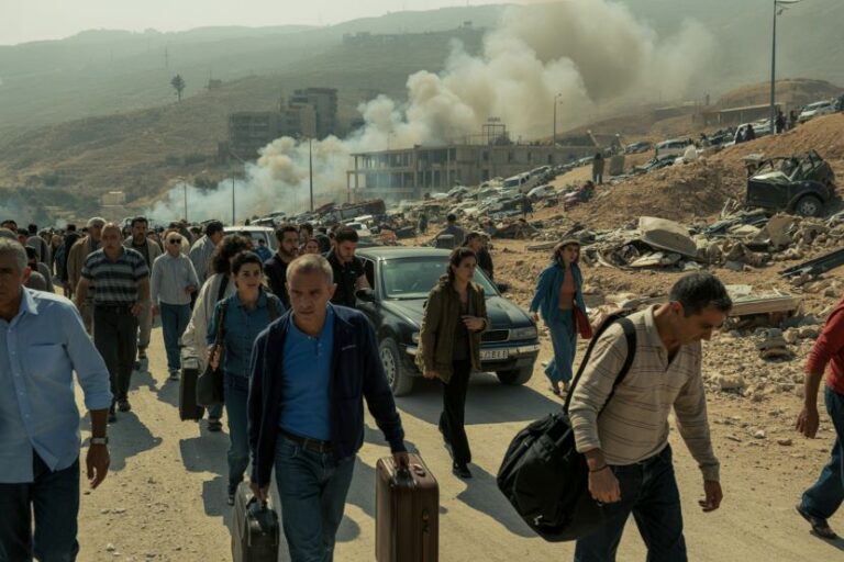 Group of civilians evacuating with luggage along a rubble-strewn road as smoke rises from a ruined hillside.