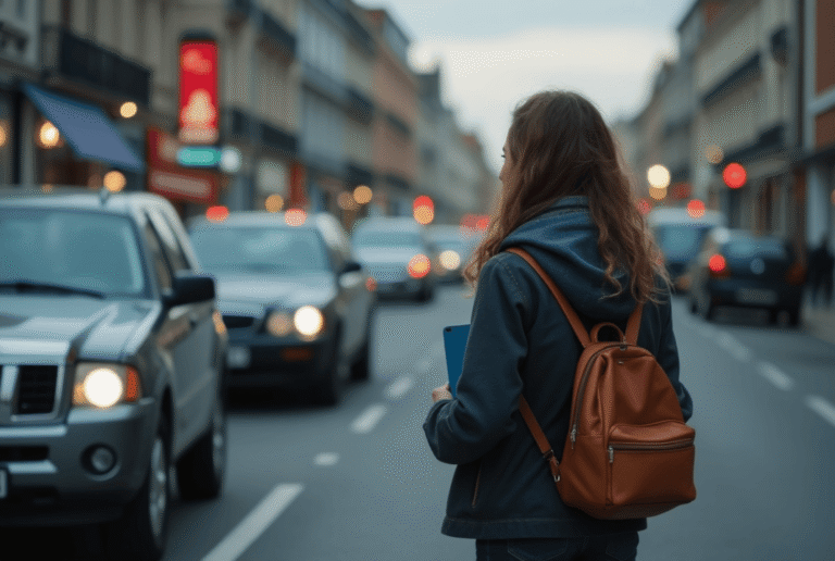 Person seen from behind on a busy city street, wearing a brown backpack and a blue jacket as cars drive by.