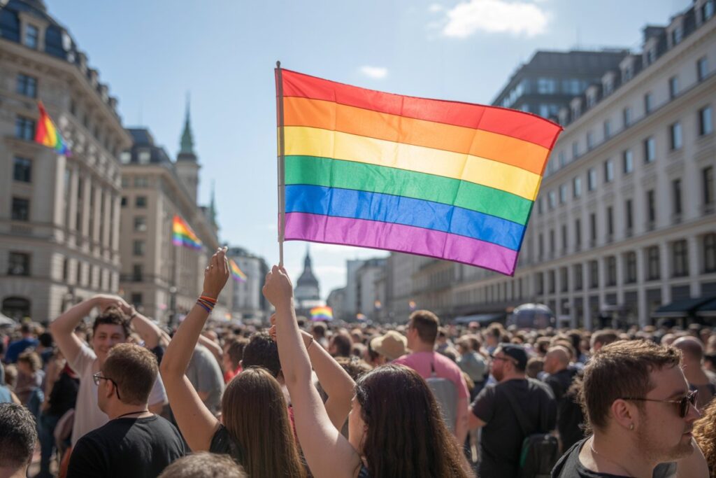 Crowd at a Pride parade on a city street, a large rainbow flag raised above heads in the foreground.