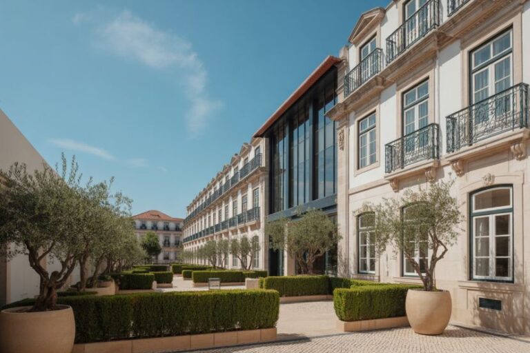 Elegant hotel courtyard with manicured hedges, olive trees in large pots, and a glass-fronted building facade.