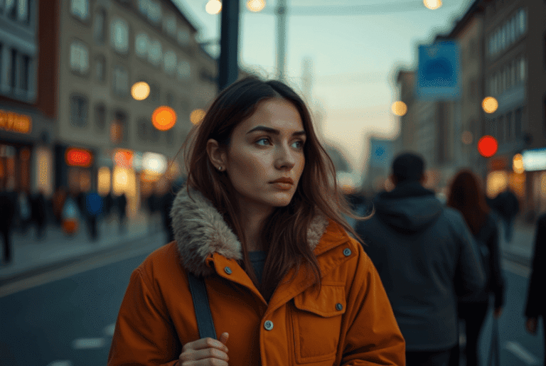 Portrait of a young woman in an orange parka with a fur-lined hood on a city street, looking to the distance with a thoughtful expression.