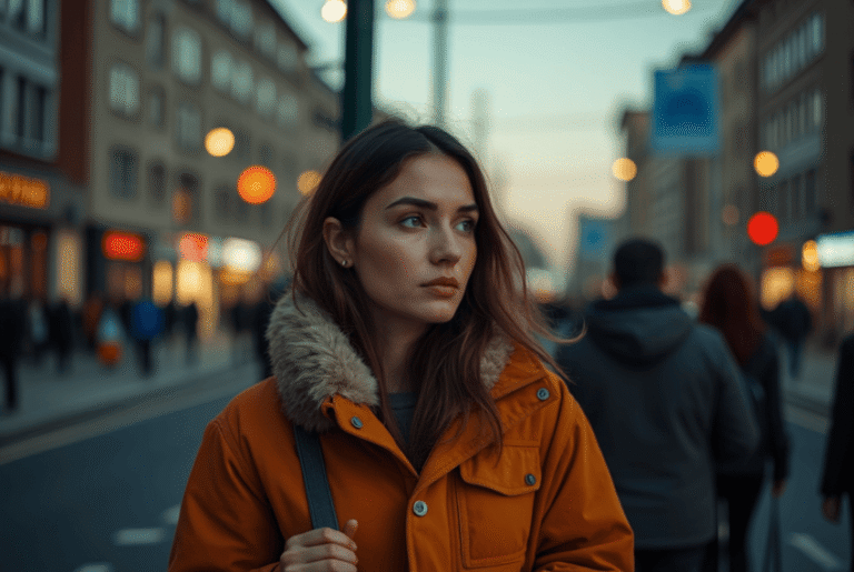 Woman in an orange parka with a fur collar stands on a busy city street, looking to the right.