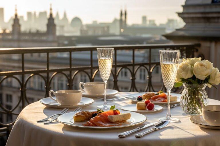 Table for two on a balcony at sunrise with champagne flutes, croissants, smoked salmon, berries, and a vase of white roses against a city skyline.