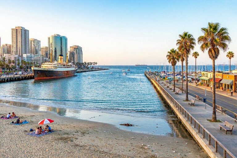 Harbor scene with a large rust-colored ship docked along a palm-lined promenade and beach near skyscrapers in the distance.