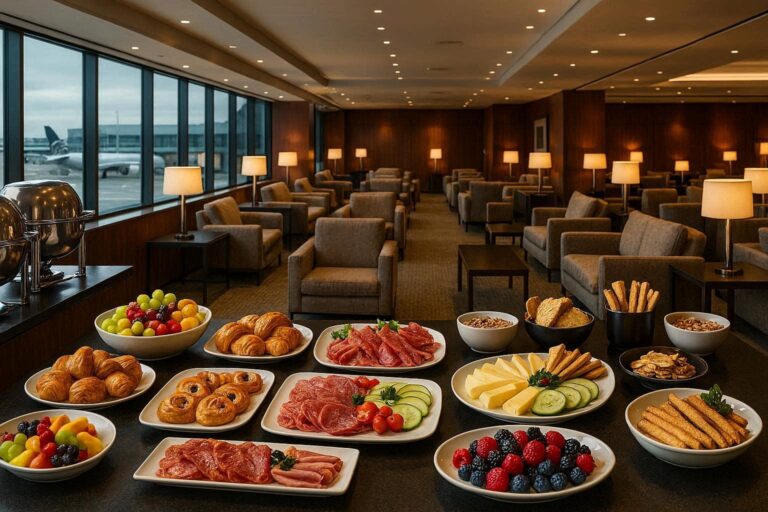 Airport lounge with tan seating and large windows; a buffet table in the foreground holds croissants, fruit, cheese, deli meats, crackers and nuts.