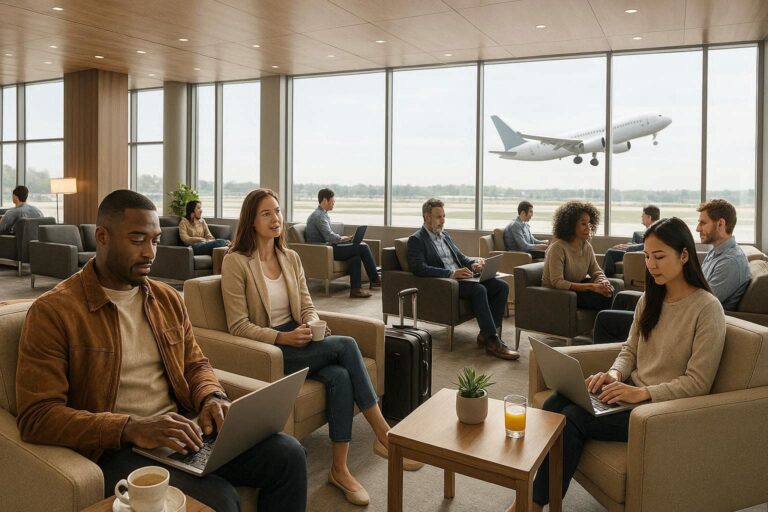 Travelers in a bright airport lounge work on laptops and sip coffee, with a plane taking off outside.