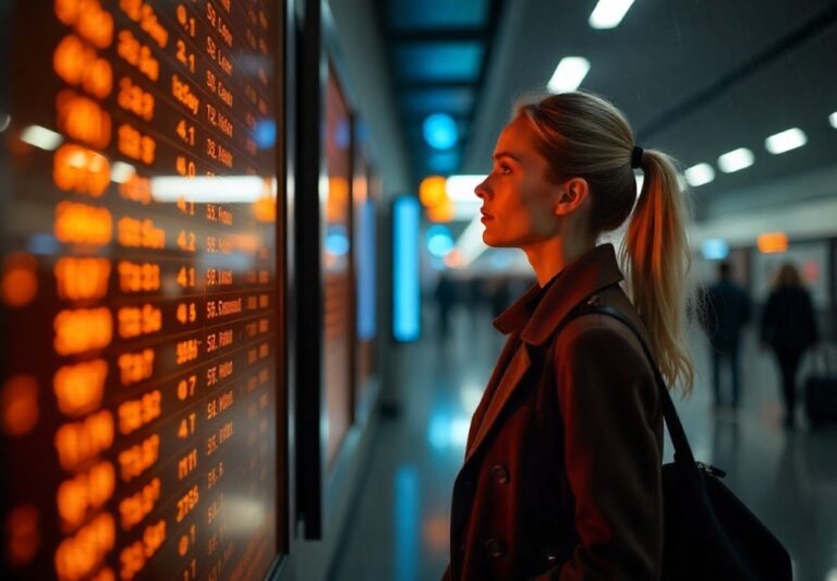 Woman in a coat studies a large orange electronic board displaying numbers in a modern transit station.