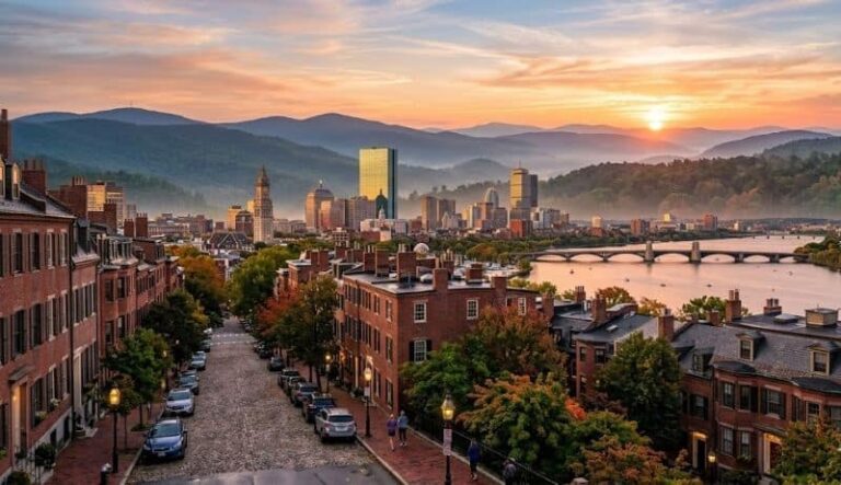 Sunset over Pittsburgh's skyline with brick row houses in the foreground, a river and bridges beyond.
