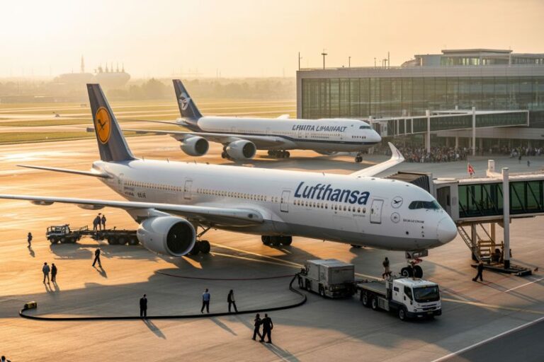 Lufthansa aircraft parked at the gate at sunset, jet bridge connected and ground crew nearby.