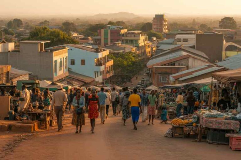 Busy street market at sunset with vendors, shoppers, and stalls lining a dusty road in a small town.