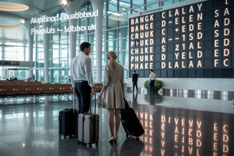 Couple with rolling suitcases waiting in a modern airport near a large flight board.