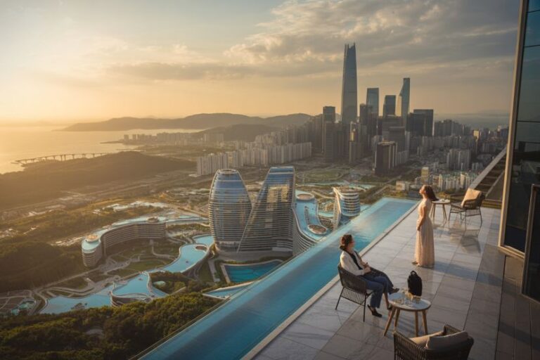 Luxurious rooftop infinity pool overlooking a city skyline at sunset, with two people seated and a woman standing near the edge.