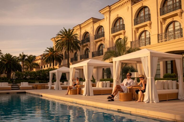 Luxurious hotel pool area with white cabanas, loungers, palm trees, and a cream building in warm sunset light.