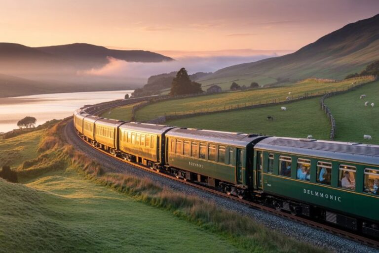 Belmond train in green carriages winds along a hillside railway at sunset with fields and a lake in the distance.
