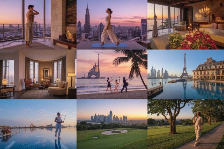 Collage of nine lifestyle photos: rooftop yoga with city skyline, luxury interiors, beach walk, Paris Eiffel Tower, golfers on a lake, and park stroll.