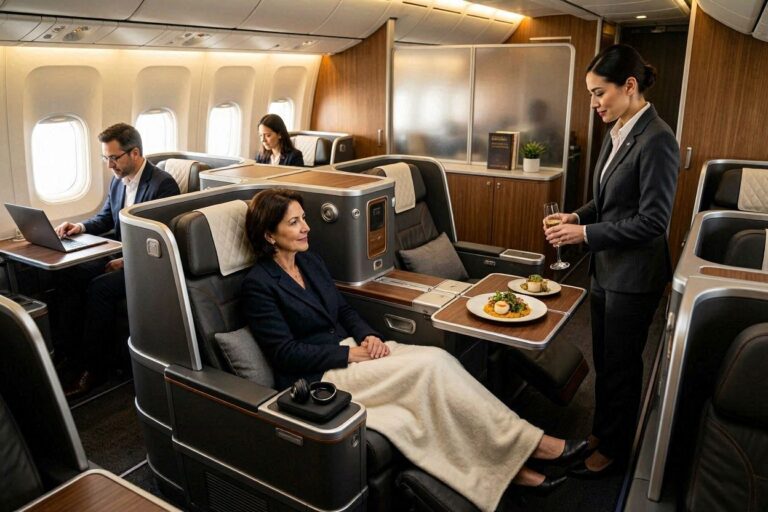 Business-class cabin: a flight attendant serves plated meals to a seated passenger with a blanket in the luxurious suite.