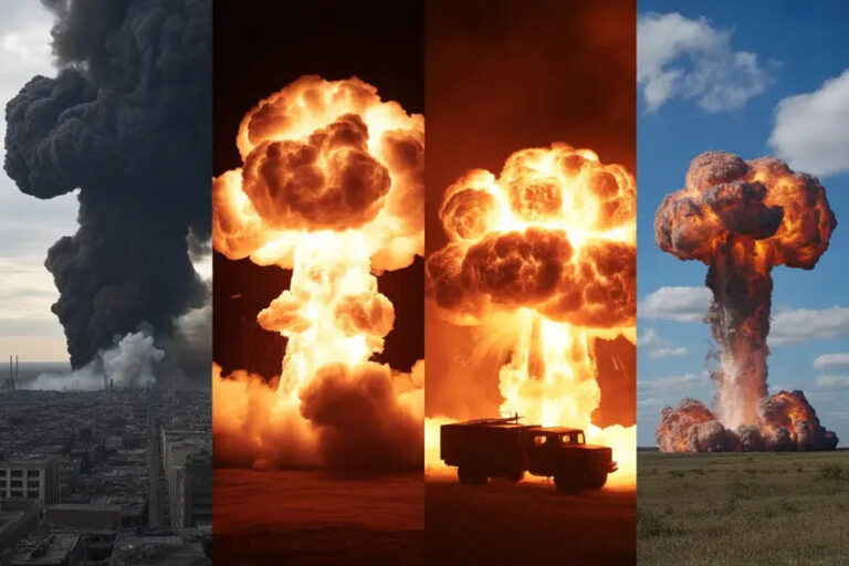 Collage of a city engulfed in smoke and successive nuclear explosions, ending with a large mushroom cloud.