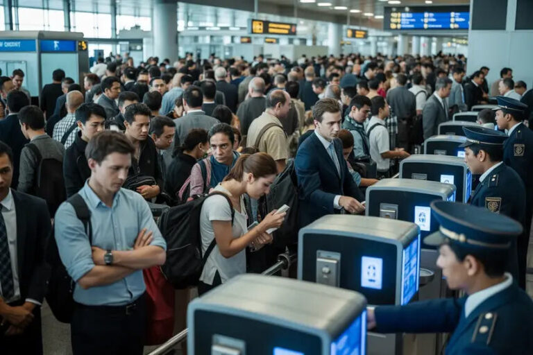 Crowded airport security or check-in area with travelers queuing at automated gates and uniformed officers nearby. (Informative]
