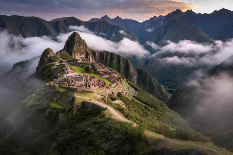 Machu Picchu ruins on a mountain ridge with green terraces, surrounded by misty clouds in the Andes at sunrise.