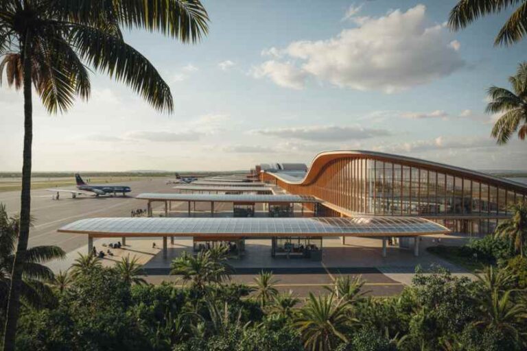 Modern airport terminal with curved orange roof, solar panels on the canopy, and planes on the tarmac framed by palm trees.
