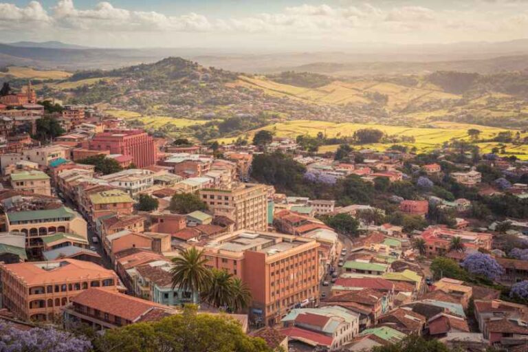 A hillside town with colorful buildings cascading down toward a valley, palm trees in the foreground.