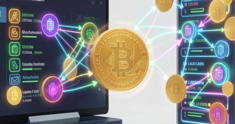 Golden Bitcoin coin centered between two screens showing a neon cryptocurrency network and connecting data lines.
