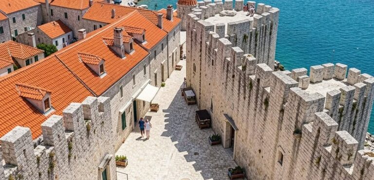 Sunlit coastal town with red-tiled roofs and medieval fortress walls along turquoise sea.