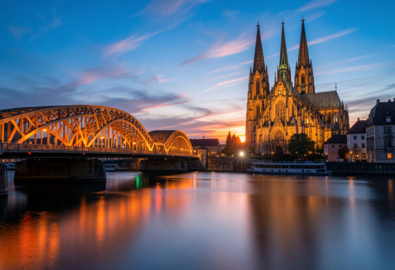 Evening view of a lit arched bridge over a calm river, with a Gothic cathedral and historic buildings on the riverbank, sunset glow nearby.
