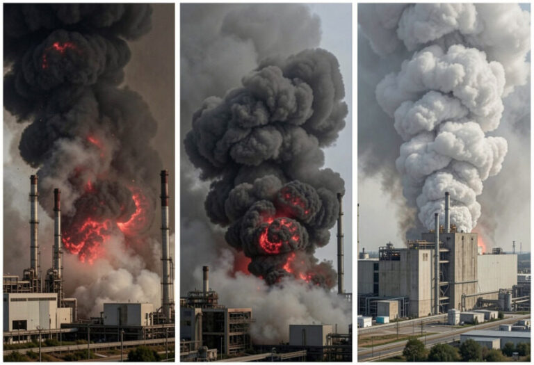 Three-panel photo of a factory refinery with thick black smoke and red flames rising from buildings during a fire at dusk/daytime lighting visible on the smoke-filled scene.