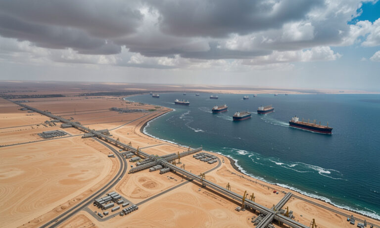 Aerial view of a desert coastline with an industrial port, extensive pipelines, and multiple cargo ships in the blue sea under a cloudy sky.