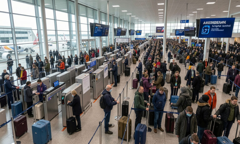 Busy airport check-in area with travelers in line and luggage near automated kiosks by large windows.