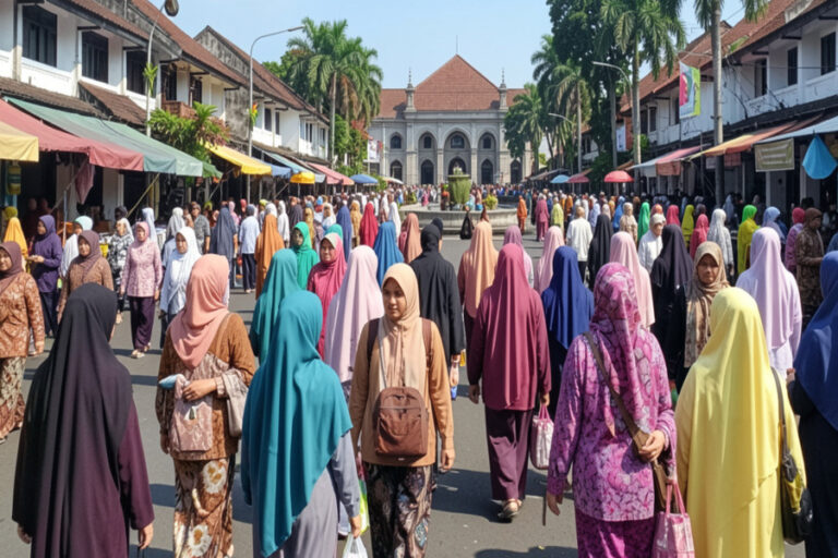Crowd of women wearing colorful hijabs walk along a market street lined with stalls, with a large historic building featuring a red roof in the background.