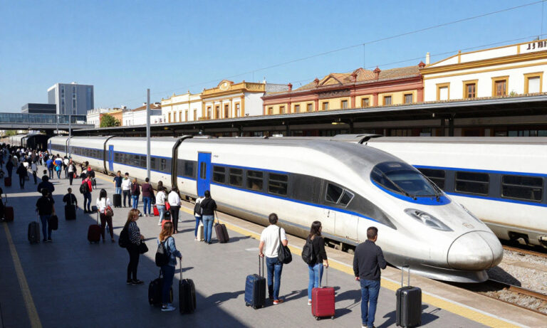 A high-speed silver train with a blue stripe sits at a crowded platform as passengers with rolling suitcases wait or board nearby.