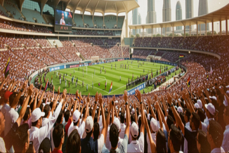 Thousands of fans fill a large stadium, cheering as a soccer match takes place on a sunny day.