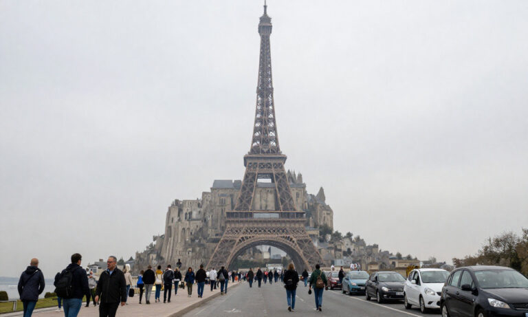 Promenade with pedestrians walking toward a large iron lattice tower (Eiffel Tower replica) against a rocky hill, with cars parked along the road behind them.