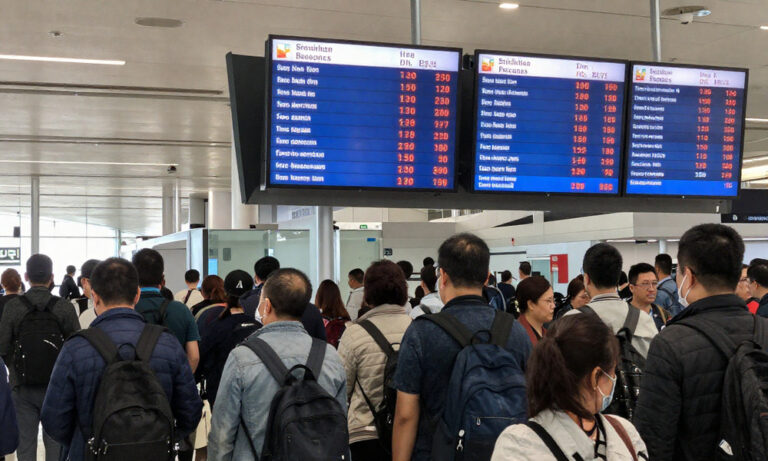 Crowded airport terminal with travelers looking up at large digital flight information boards overhead.